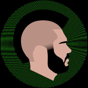 MohawkGuyGames Logo Logo for Mohawk Guy Games. Material design. Side profile of a mans head with a mohawk and beard. Green and black geometric background.